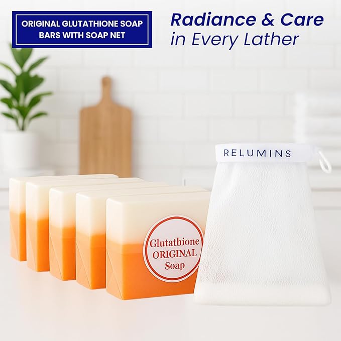Relumins Glutathione Soap Bars for Smooth, Hydrated Skin – Deep Cleanse, Exfoliate & Nourish for All Skin Types - 5 x 150g Bars