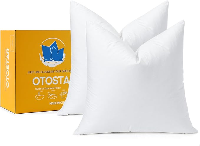 OTOSTAR Pack of 2 Down and Feather Throw Pillow Inserts, 18 x 18 Soft Fluffy Square Pillow Inserts with 100% Cotton Cover Decorative Pillows for Sofa Couch Bed-White