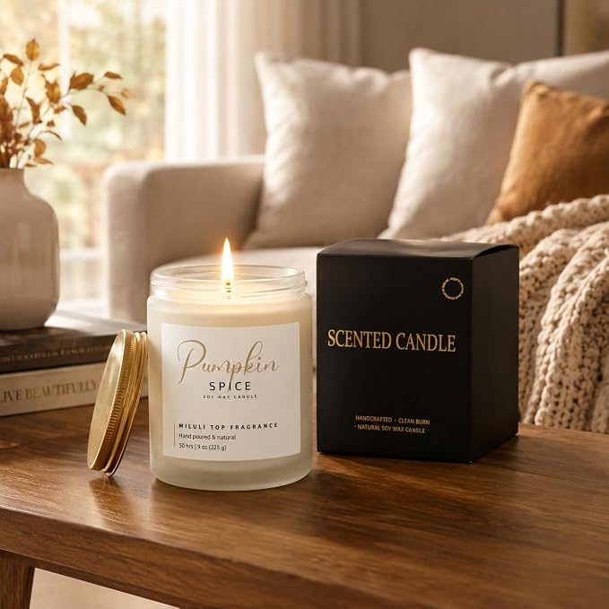 Pumpkin Spice Scented Candles for Home - 15% Essential Oil Luxury Aromatherapy - Handmade Natural Soy Wax Candle for Women Men Relaxation - 9oz Frosted White Jar,50H Clean & Non-Toxic Burn