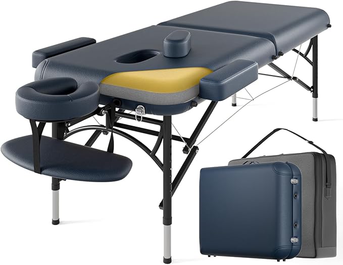 Professional Massage Table Portable 2 Fold Premium Memory Foam Aluminium Leg Hold Up to 1100LBS 8 Heights Adjustable with Carrying Bag Blue