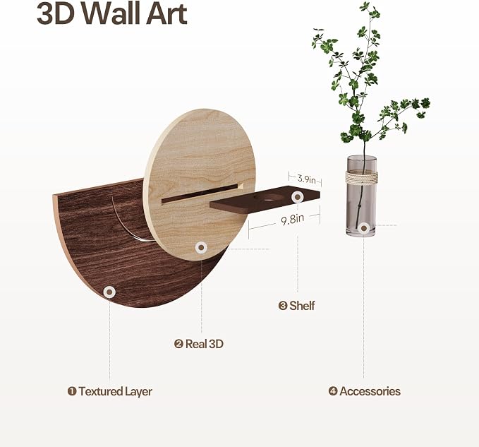 3D Textured Round Wall Art Decor With Vase, Modern Minimalist Sandstone Painting Artwork for Walls, Vintage Nature Wood Tone Botanical Wall Decor for Living Room, Hallway, Dining Room, Bedroom, Office
