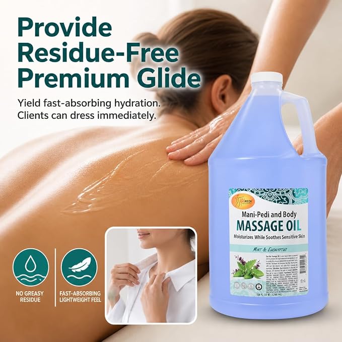 SPA REDI Mint Eucalyptus Massage Oil – Alcohol-Free, Sulfate-Free & Silicone-Free Professional Massage Oil | Almond, Avocado, Sunflower & Vitamin E Botanical Blend | Cruelty-Free | Made in USA 128 oz