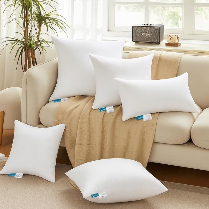 Oubonun 16 x 16 Throw Pillow Inserts | Soft, Plush & Decorative Down Alternative Pillows for Couch Sofa Bed, Machine Washable - White, Pack of 2