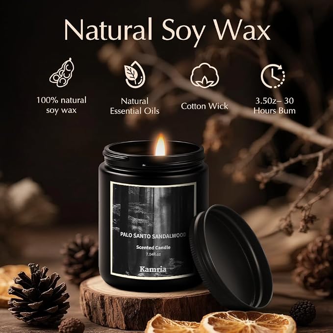 Palo Santo Sandalwood Scented Candle, Grounding Woody Aromatherapy for Meditation & Cleansing, Premium Matte Black Soy Wax Jar, Earthy Decor Gift for Men and Women, 7oz
