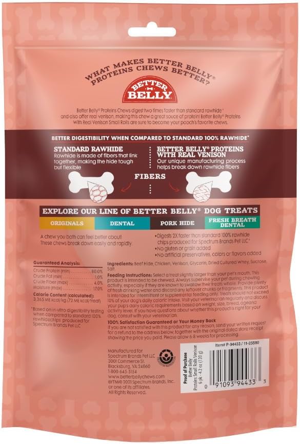 Better Belly Proteins Roll Highly Digestible Dog Treats, 6 Count | With Real Venison, Long-Lasting Digestible Chew, No Grain Added, No Artificial Colors Or Flavors, For Adult Dogs