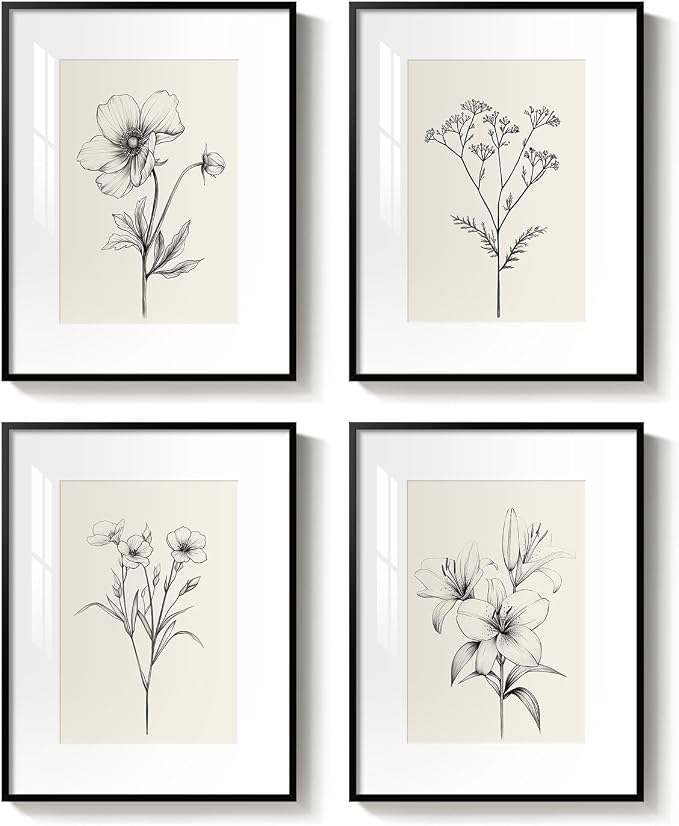 Framed Black and White Botanical Wall Art for Bathroom, 4 Piece 11x14 In | Minimalist floral wall decor, Vintage boho flower pictures, Plexiglass with mat prints, Living room office hallway decor