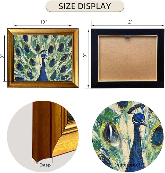 Vintage Gold Framed Wall Art Peacock Canvas Print Colorful Peacock Oil Painting Bird Boho Artworks for Bedroom Living Room Bathroom