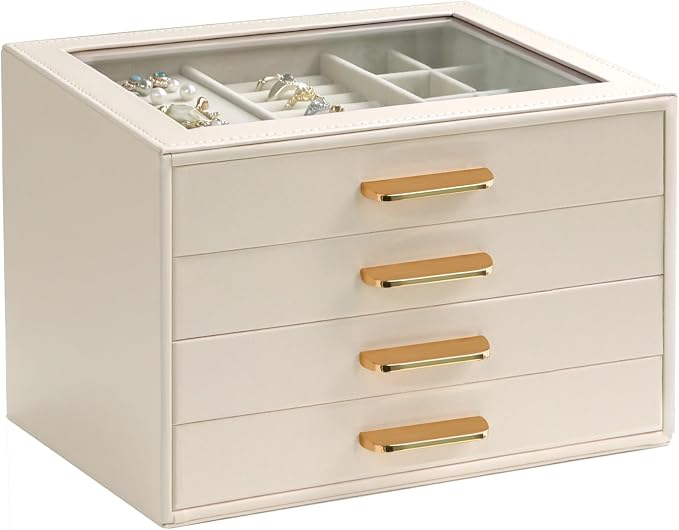Homeanda Jewelry Boxes Organizer with Glass Lid, 4-Layer PU Leather, Beige | Modern style display case with 4 drawers for daily jewelry, women, mom or girl gift