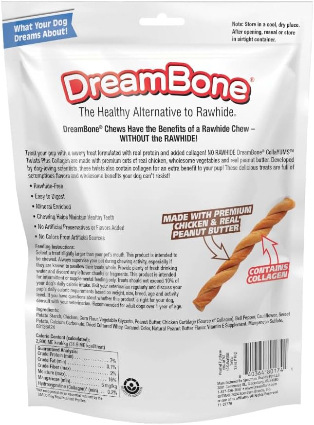 DreamBone CollaYUMS Twists Plus Collagen Rawhide-Free Dog Treats, 10 Count | Supports Hip and Joint Health, Daily Chew, Digests Safely and Completely, With Real Chicken & Peanut Butter, For Adult Dogs