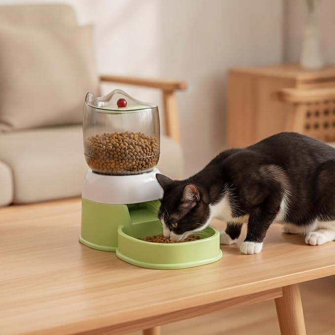 Automatic Pet Feeder Cat Dog Food Station with Bowl Manual Dispenser Side Push Lever Transparent Container Compact Stable Base Suitable for Apartments Kitchens Home Feeding Areas, Color to 2
