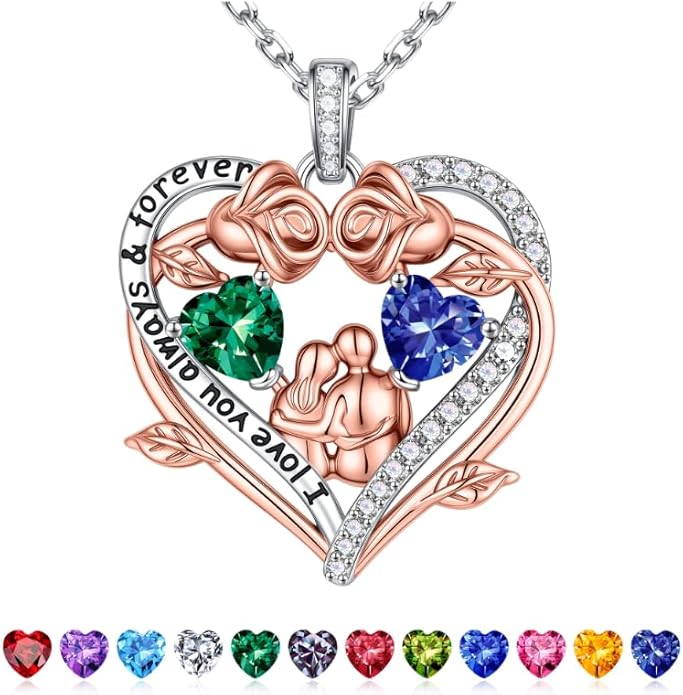 Iefil Valentines Gifts for Her Wife - 925 Sterling Silver Double Heart Birthstone Necklace, Anniversary Birthday Gifts for Women Wife Girlfriend