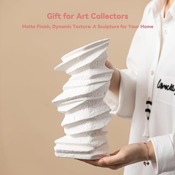 Stone-Stack White Ceramic Vase - 10" Unique Flower Vase for Pampas Grass, Farmhouse Decorative Vase for Living Room/Office, Boho Vase Ideal for Home Gifts & Centerpieces