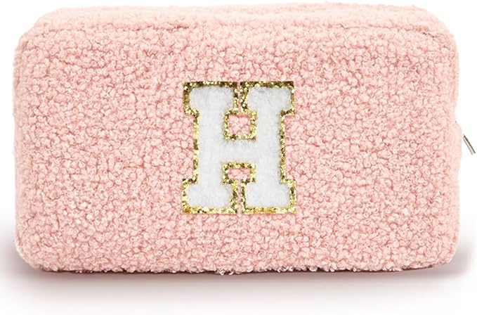 Cute Makeup Bag, Initial Cosmetic Bag, Fuzzy Makeup Bags for Women, Preppy Pink Makeup Pouch with Chenille Letter, Personalized Gifts for Women, Pink H