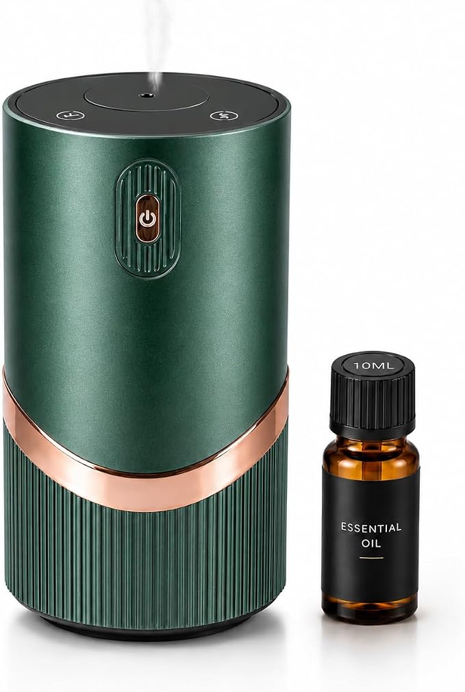 Waterless Essential Oil Diffuser, Mini Scent Air Machine Portable Diffuser for Home Car Office, Battery Operated Aromatherapy Diffuser with 10mL Hotel Scent Fragrance Oil, Timer & 4 Mist Levels, Green