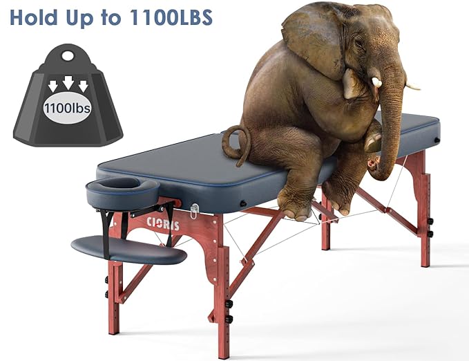 CLORIS 84" Professional Massage Table Portable Reinforced Wooden Leg Hold Up to 1100LBS 2 Folding Lightweight Spa Salon Tattoo Massage Bed Height Adjustable with Carrying Bag - Blue