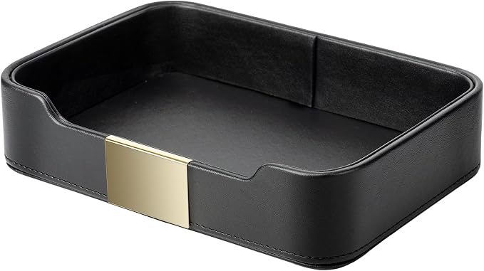 Leather Tray Organizer, Valet Tray Key Bowl (Metal Gilded, Black) | Leather Catchall Tray for Entryway Table Desktop Storage, Decorative Tray for Jewelry Keys Wallet Phone Watch