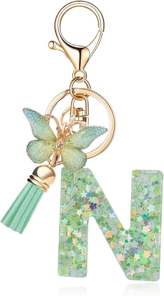 Fashion Alphabet Initial Letter Keychain Tassel Butterfly Pendant Key Ring for Purse Handbags Women Girl