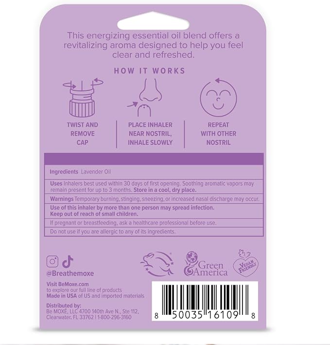 MOXĒ Lavender Essential Oil Nasal Inhaler, No-Mess Aromatherapy, Relaxation, Naturally Calming, Before Sleep Routine, Pure and Undiluted, Made in USA (3 Pack)