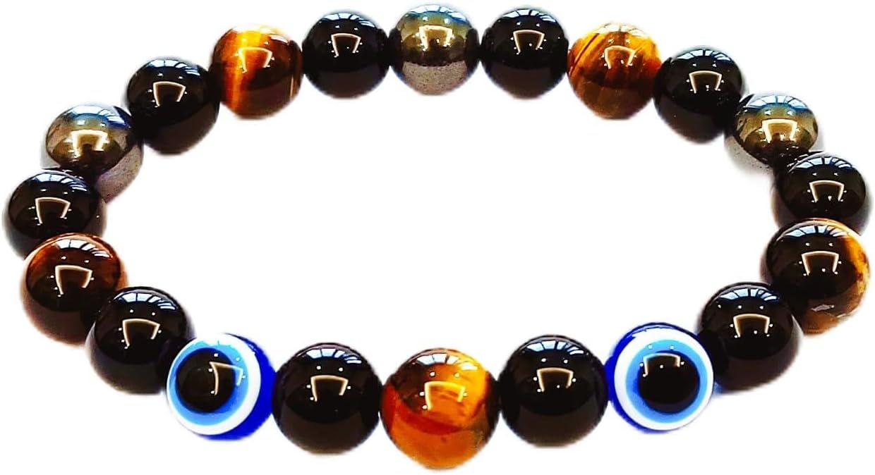 Evil Eye with Hematite Black Obsidian Tiger Eye Stone Triple Protection Bracelets for Men Women, Crystal Healing Stone Bracelet Bring Luck Prosperity and Happiness Jewelry