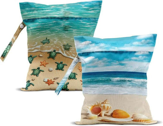 2Pcs Wet Bag, Wet Dry Bag Reusable with Zipper, Travel, Beach, Pool, Diapers, Baby Clothes, Dirty Yoga Gym Clothes, Makeup Bag, Waterproof Wetdry Packing, Seashell Sea Turtle Decor (12x10 Inch)