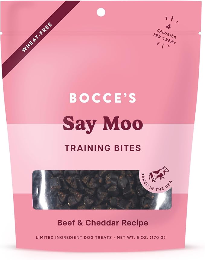 Bocce's Bakery Say Moo Dog Training Treats, Beef & Cheddar Flavor (6 oz) | Oven Baked, Wheat-Free Everyday Dog Training Treats - Made with Real, Limited Ingredients and Baked in The USA