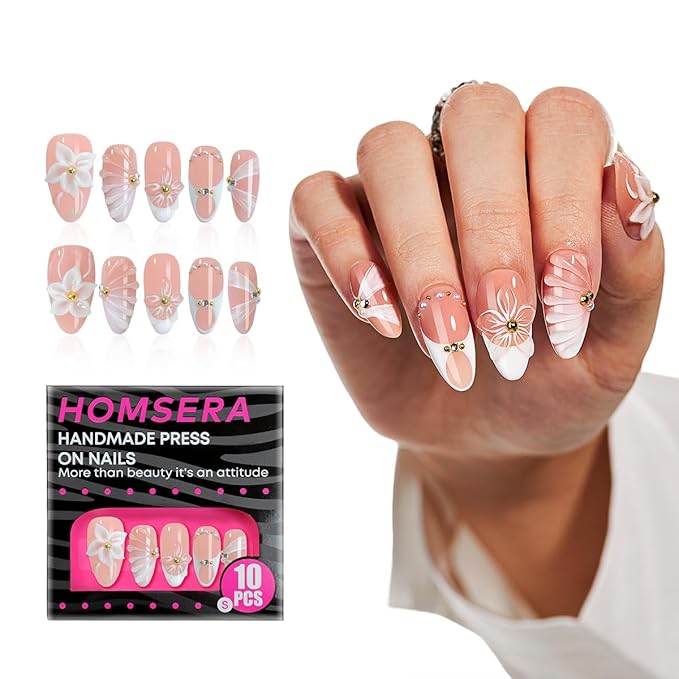 Handmade French Tips Press On Nails Almond, Cute 3D Flowers Rhinestone Design Fake Nails Short, Salon-Quality Reusable, Gift for Women, 10PCS Pink