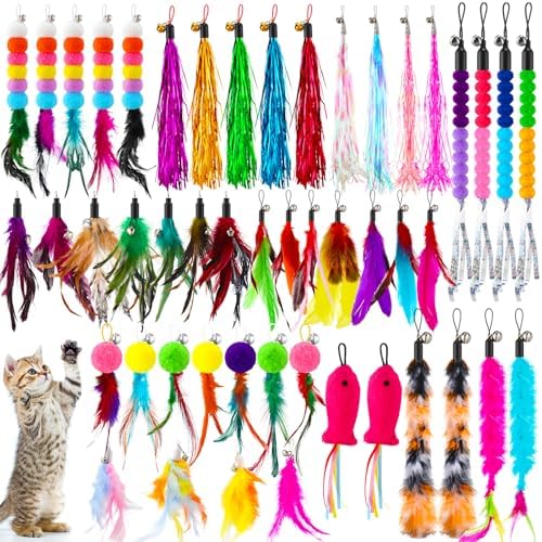 50 Pcs Cat Wand Refill, Feather Toys Replacement with Bells