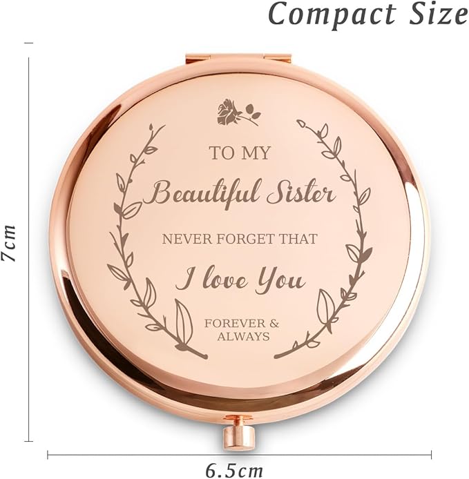 Sister Gifts, Personalized Gift for Sister, Custom Compact Mirror, Goodie Bag & Basket Stuffers for Valentines Day, Mothers Day, Graduation, Birthday, Wedding