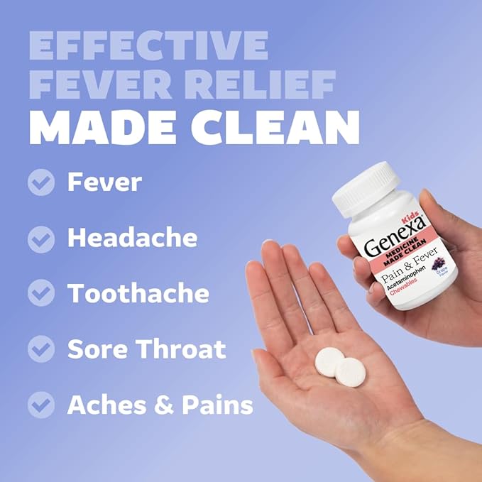 Genexa Kids’ Clean Pain & Fever Acetaminophen Chewables, Dye Free, 0% Artificial Additives, Delicious Grape Flavor, Chewable Medicine for Children 2-11, 80 mg per Tablet, 48ct (2 Pack)