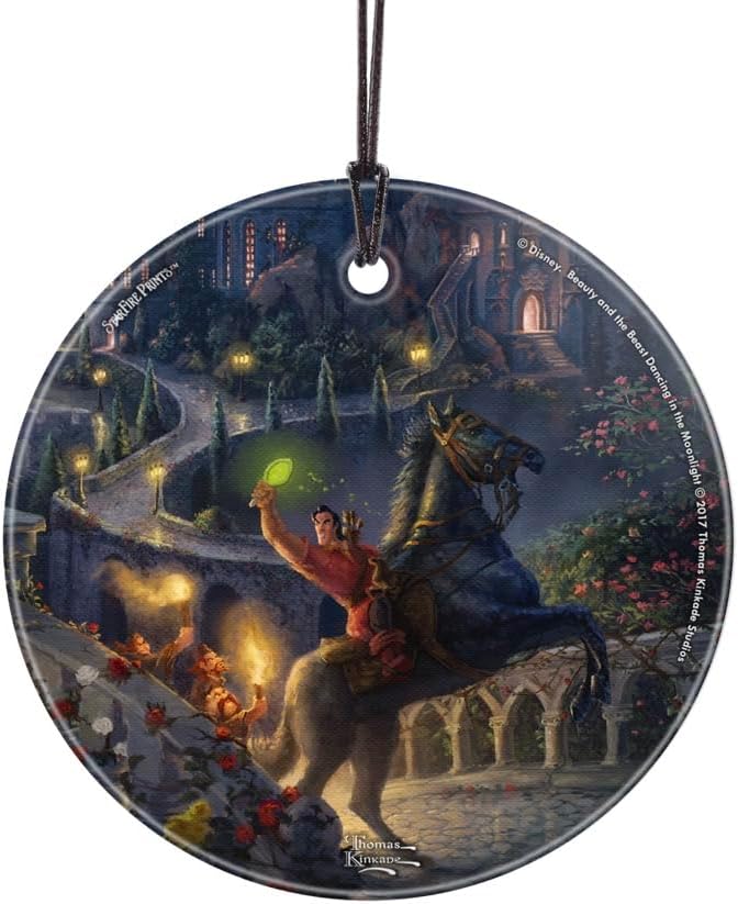 Thomas Kinkade Studios – Disney – Beauty and the Beast – The Enchanted Pursuit – 3.5” Starfire Prints Hanging Glass Print Accessory – Officially Licensed Collectible - Ideal For Gifting and Collecting