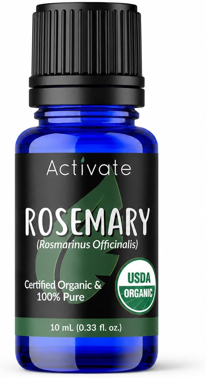 Activate Organic Rosemary Essential Oil, USDA Certified Organic, 100% Pure & Undiluted, Steam Distilled for Aromatherapy, Hair, Skin, Diffuser, Massage, DIY Soap & Candle Making, 10ml
