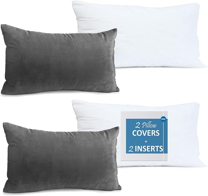 Nestl Throw Pillow Inserts Pack of 2 with Velvet Soft Solid Decorative Square Throw Pillow Covers Set for Sofa Couch Car Bedroom with 12X20 Throw Pillows Inserts with Cushion Covers, Charcoal Grey