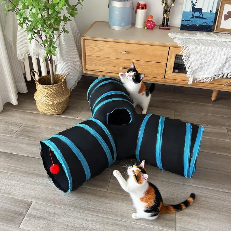 3-Way Collapsible Cat Tunnel Tube Toy Black Blue