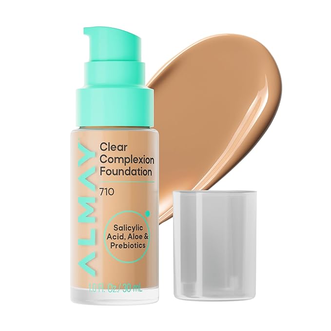 Almay Clear Complexion Foundation, Oil-Free Face Makeup for Acne-Prone Skin, Buildable Coverage, Soft-Matte Finish, Vegan, 710, 1 fl oz