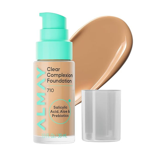 Almay Clear Complexion Foundation, Oil-Free Face Makeup for Acne-Prone Skin, Buildable Coverage, Soft-Matte Finish, Vegan, 710, 1 fl oz