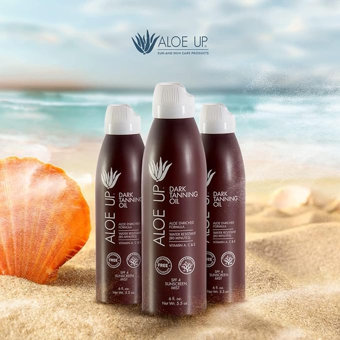 ALOE UP Aloe Vera Quick Dry Tanning Oil Spray 6 Fl Oz – Reef Safe Outdoor Sun Screen & Tan Oil, Non-Greasy, Fast Absorbing, SPF 4, 2 Pack – Brown, Medium Skin Tone