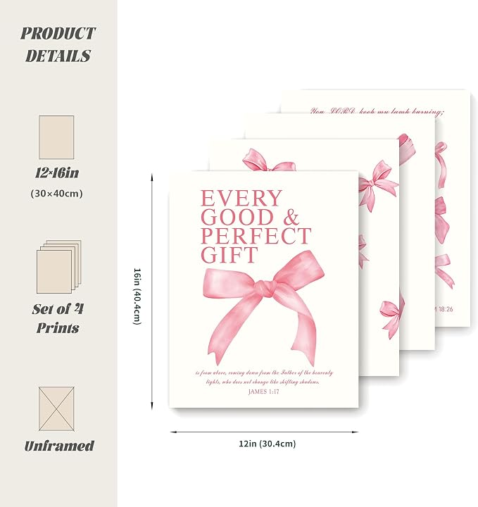 LARTSFRO Coquette Pink Bow Christian Wall Art Decor Posters, Pink Bow Room Bedroom Bathroom Dorm Wall Art Decor Aesthetic for College Teen Girls Gifts, Inspirational Bible Verses Bow Wall Decor, 12x16 Inch Set of 4 Pcs Bow Pictures (UNFRAMED)
