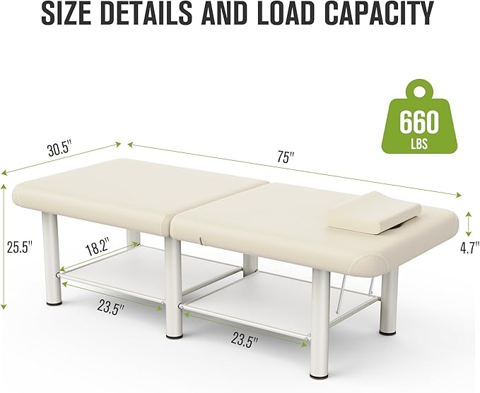 Folding Stationary Massage Table with Backrest and Storage Space for Treatment Table Physical Therapy Table Spa Facial Bed, 6 Round Legs Metal Frame PU Leather, 30.5'' Wide × 75'' Long - Beige Gray