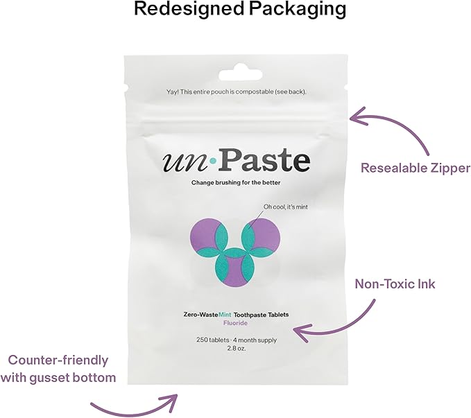 Unpaste Toothpaste Tablets, New Formula, Fluoride Mint, Hint of Vanilla, Xylitol Free, Travel-Friendly, Resealable Packet, 250ct, 4 Month Supply