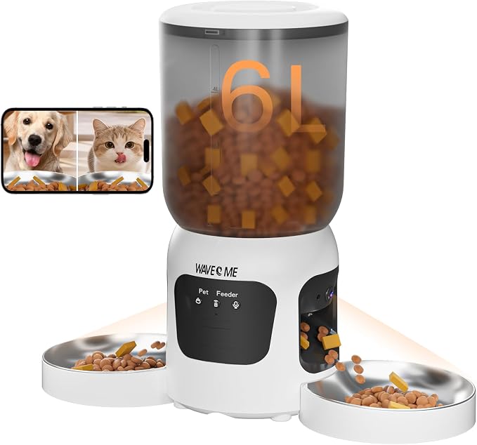 Automatic Cat Feeder for 2 Cats, 6L Smart Pet Dispenser with Camera | Dual Bowl Design, 1080P HD Night Vision, 2-Way Audio, App Control 2.4G/5G WiFi, Timed Meal Dispenser for Multiple Cats & Dogs