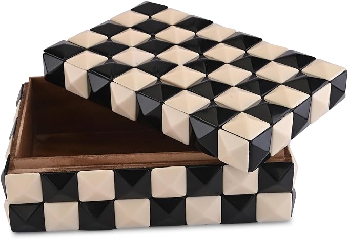 Perilla Home Decorative Storage Box – 8" x 5" x 3" – Black & White MDF with Madison Resin Finish – Large Wooden Keepsake Chest for Home Organization & Decor
