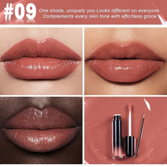 evpct Nude Shiny Glossy Longwear No-Budge Liquid Lip Color Lipstick Makeup, Highly Pigmented Color Instant Shine, Waterproof Long Lasting Lipstick for Women, Lip Stain Gloss with Lip Liner Brush