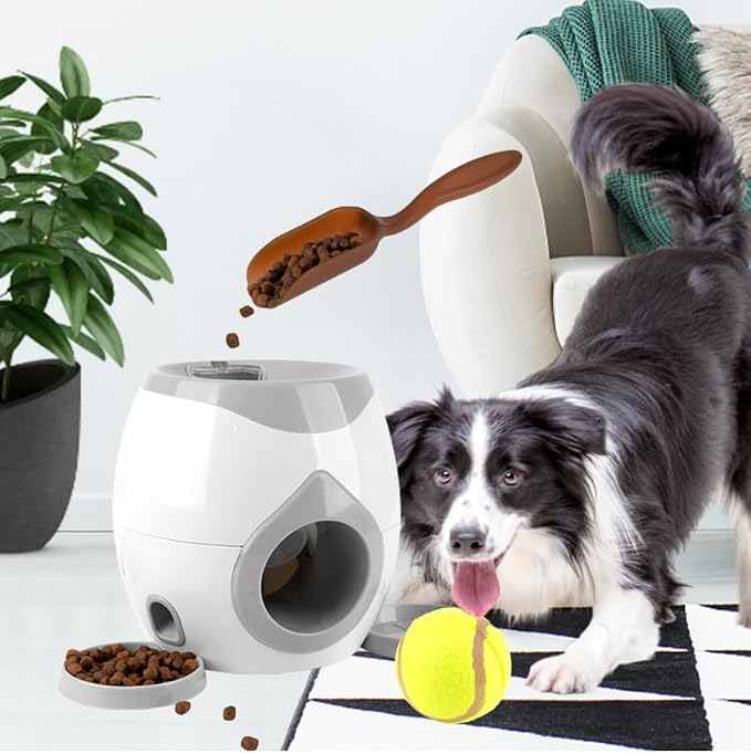 Dog Tennis Ball Launcher with Treat Dispenser, Interactive Puzzle Toy for Dogs, 2-in-1 Fetch Training Machine, Slow Feeder Reward Toy for Medium Large Dogs Indoor Outdoor(A)