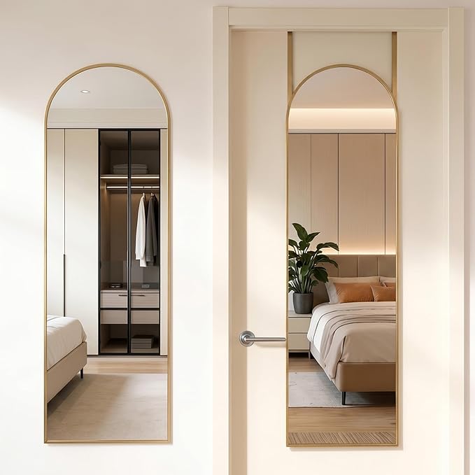 DUMOS Arched Full Length Mirror Over the Door, 47"x14" Wall Mount Mirror | Door Mounted Body Dressing Mirror, Metal Aluminum Alloy Frame, Bedroom Living Room Entryway, Gold