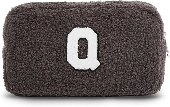 Cute Makeup Bag, Initial Cosmetic Bag, Fuzzy Makeup Bags for Women, Beauty Pouch with Chenille Letter, Personalized Cosmetic Pouch for Travel, Dark Grey Q