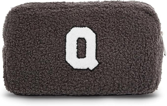 Cute Makeup Bag, Initial Cosmetic Bag, Fuzzy Makeup Bags for Women, Beauty Pouch with Chenille Letter, Personalized Cosmetic Pouch for Travel, Dark Grey Q