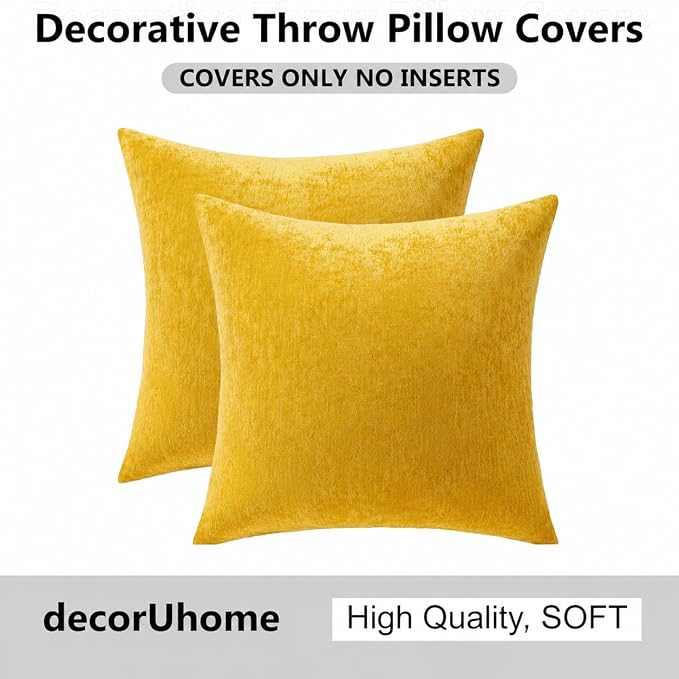 decorUhome Soft Chenille Mineral Yellow Throw Pillow Covers 26X26 Set of 2 | Decorative Fall Couch Pillow Covers Solid Dyed Accent Modern Euro Sham Farmhouse Neutral Square Pillow Cases for Sofa