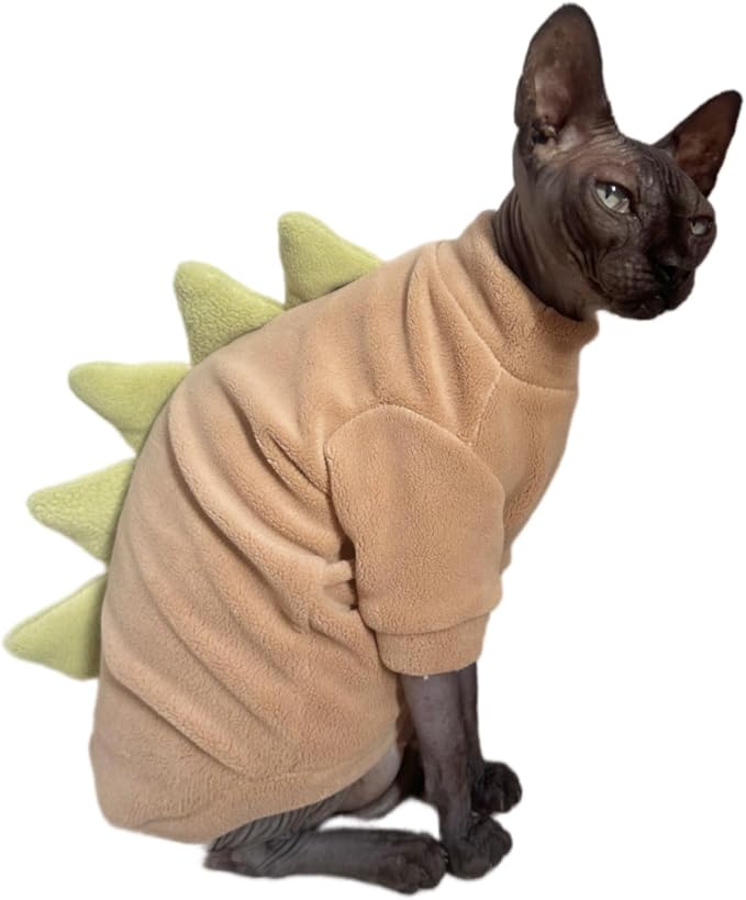 Khaki Dinosaur Sphynx Cat Clothes Sweater Hairless Cat Apparel | Soft, Elastic, Warm Polar Fleece,Winter Warm Outfit