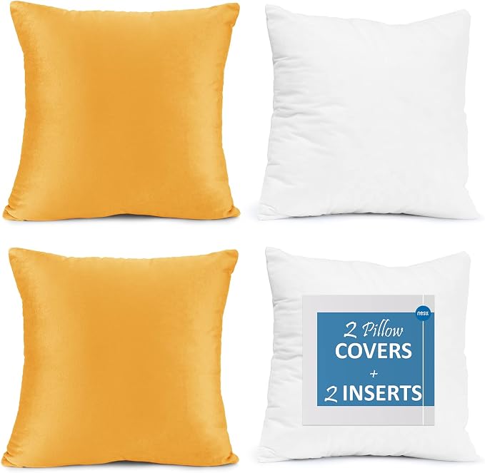 Throw Pillow Inserts Pack of 2 with Velvet Soft Solid Decorative Square Throw Pillow Covers Set for Sofa Couch Car Bedroom, 26X26 Throw Pillows Inserts with 24x24 Washable Cushion Covers, Orange