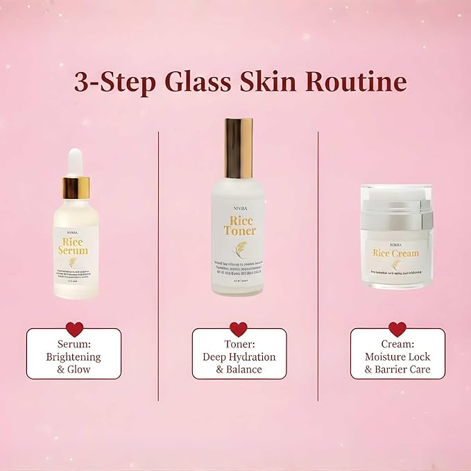 Nimba Rice Glow Starter Kit - 3-Step Glass Skin Routine (Toner, Serum, Cream 30ml each) - Hydrating & Brightening Skincare Set for Women - Travel Size Face Care Gift Set - Valentine's Day Special